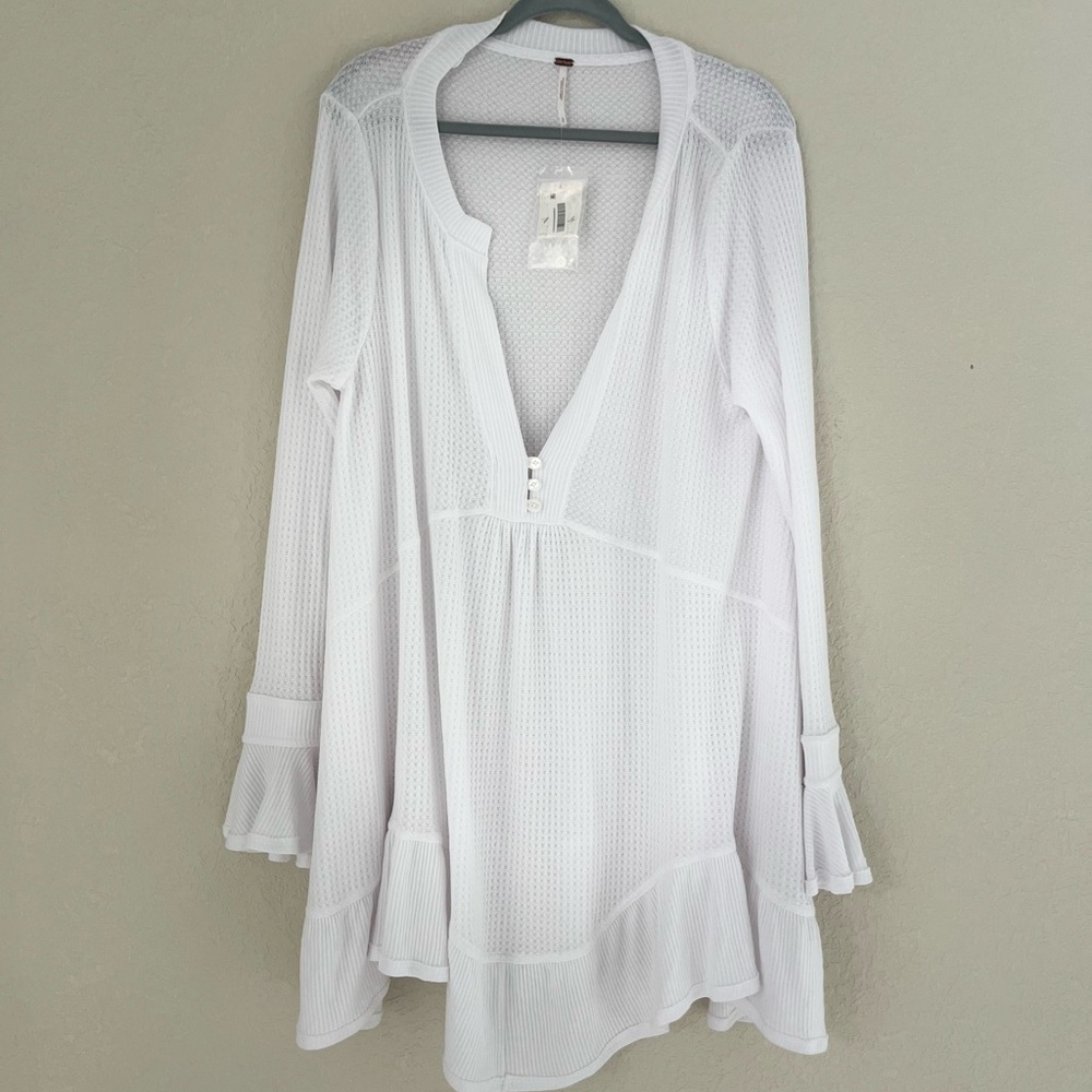 Free People Peasant Boho Waffle Knit White Mini Dress Oversized Top Large NEW